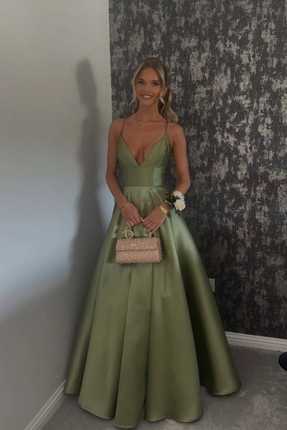 A Line Staps Green Satin V Neck Prom Dresses with Pockets
