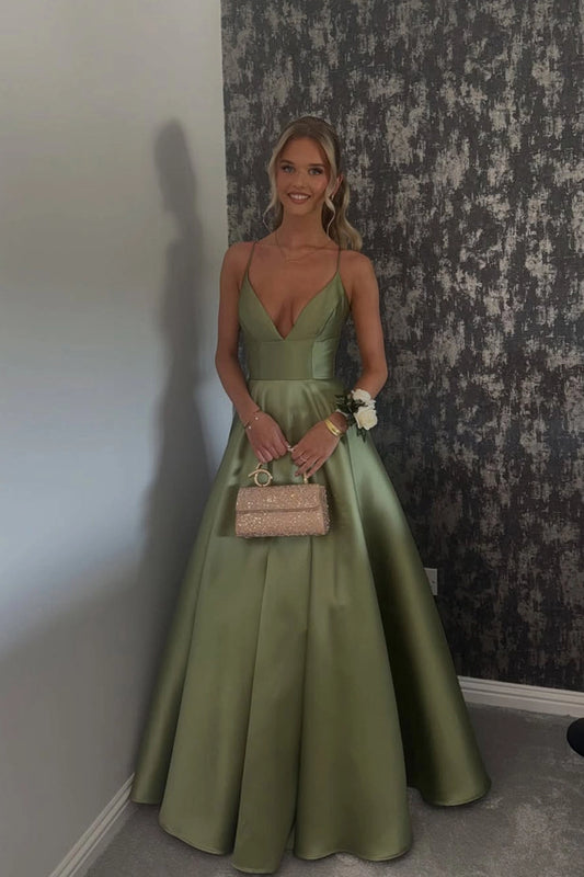 A Line Staps Green Satin V Neck Prom Dresses with Pockets