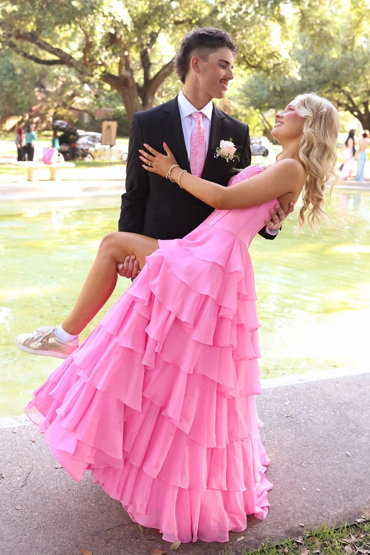 A Line Pink Chiffon Sweetheart Prom Dresses with Slit