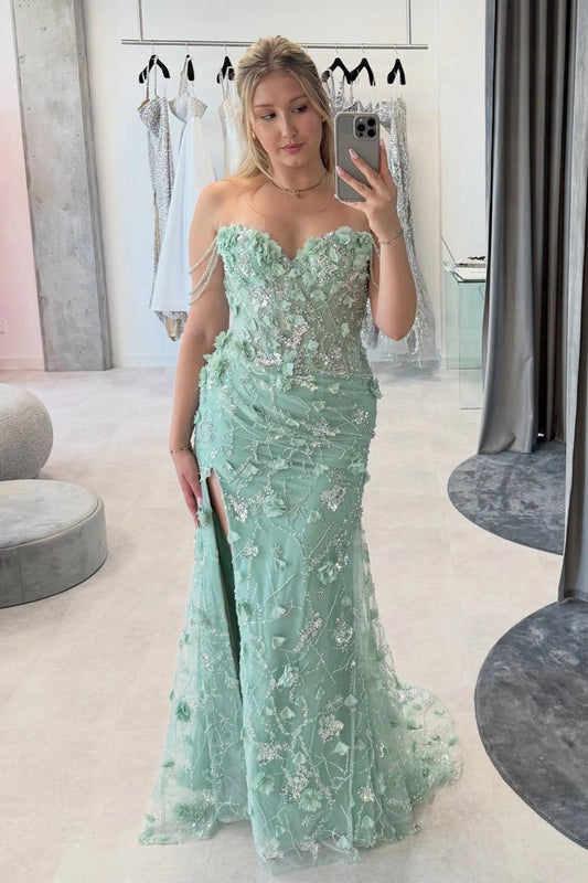 Mermaid Sweetheart Sage Green Long Prom Dresses with Beading