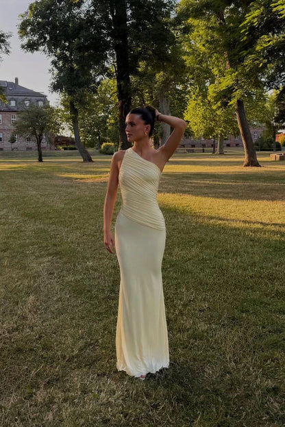 Mermaid One Shoulder Stretch Satin Long Soft Yellow Prom Dresses