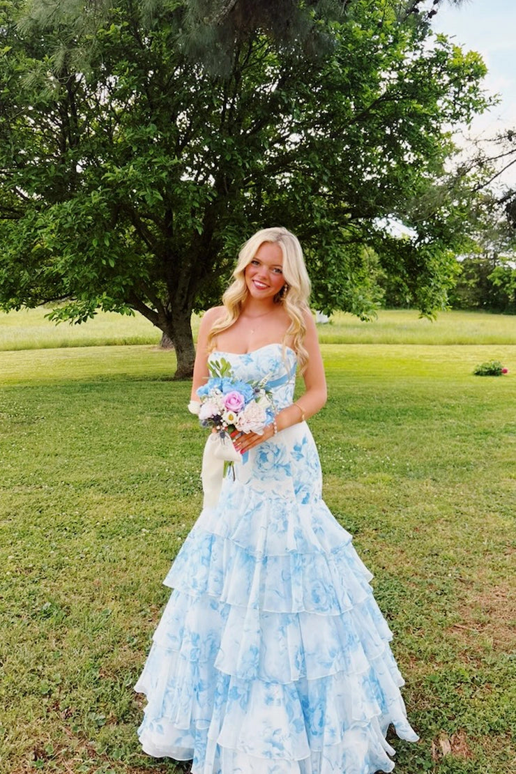 Chiffon Mermaid Strapless White Blue Floral Prom Dresses with Slit