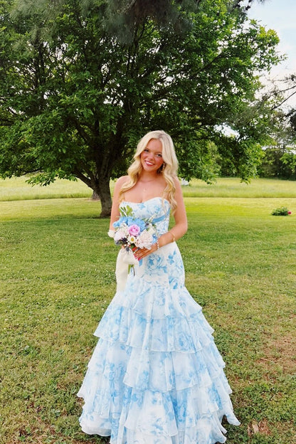 Chiffon Mermaid Strapless White Blue Floral Prom Dresses with Slit