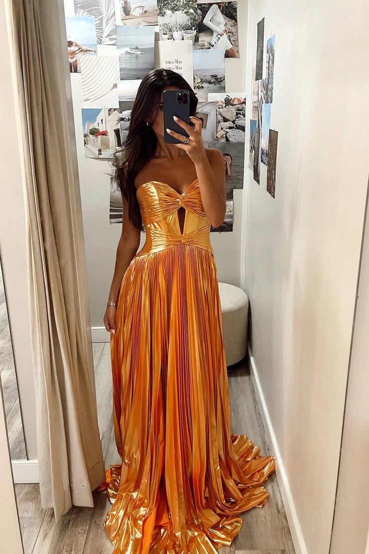 Sparkly A Line Orange Metallic Satin Slit Sweetheart Prom Dresses