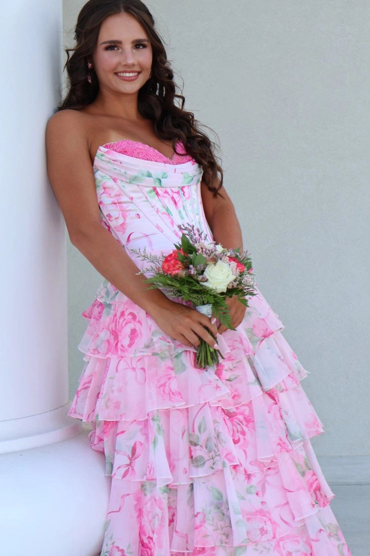 Chiffon A Line Sweetheart Pink Floral Prom Dresses
