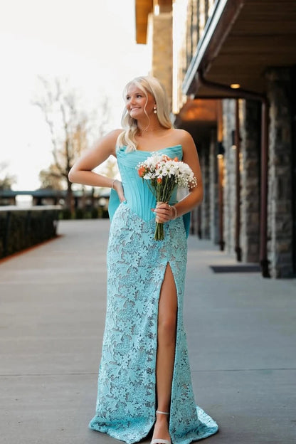 Stuinning Mermaid Strapless Aqua Lace Long Prom Dresses
