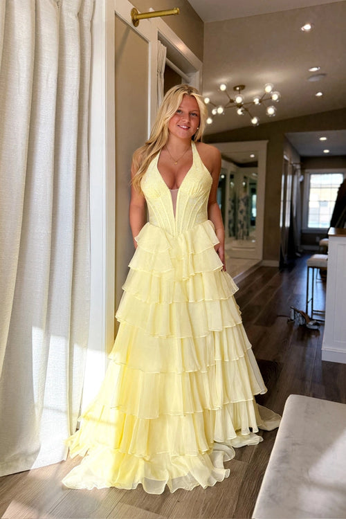 A Line V Neck Chiffon Halter Daffodil Tiered Prom Dresses