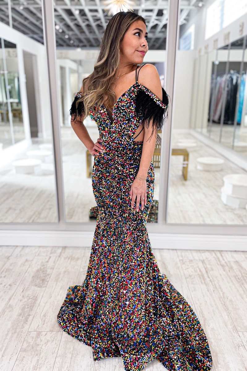 Mermaid Purple Iridescent Sequin Feather Cold-Shoulder Cutout Long Dresses,BD98022