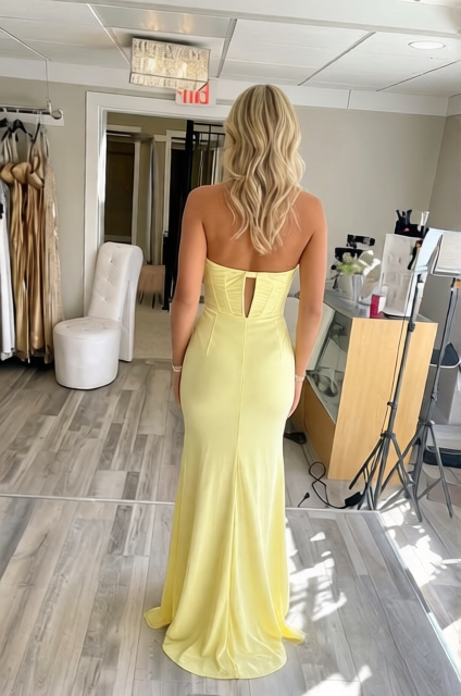 Mermaid Strapless Yellow Daffodil Stretch Satin Prom Dresses