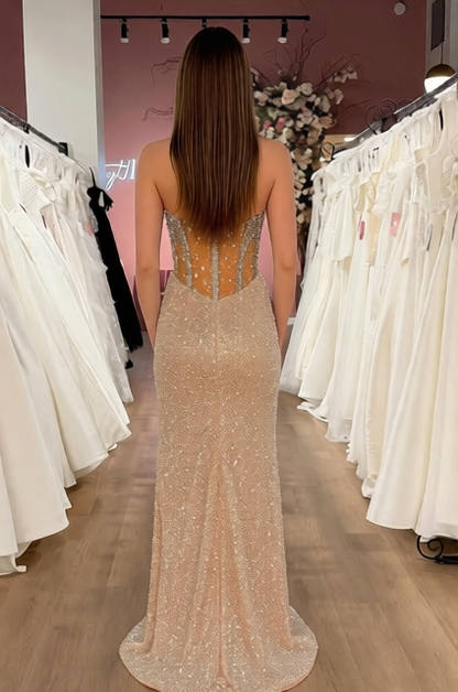 Mermaid Sweetheart Gold Sequins Prom Dresses with Beading