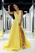 A Line V Neck Yellow Satin Prom Dresses