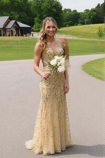 Sparkly V Neck Gold Sequins Lace Mermaid Prom Dresses