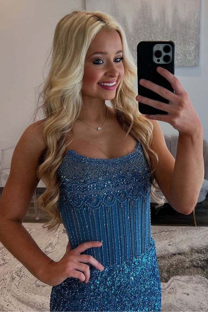 Mermaid Scoop Neck Black Sequins Long Prom Dresses