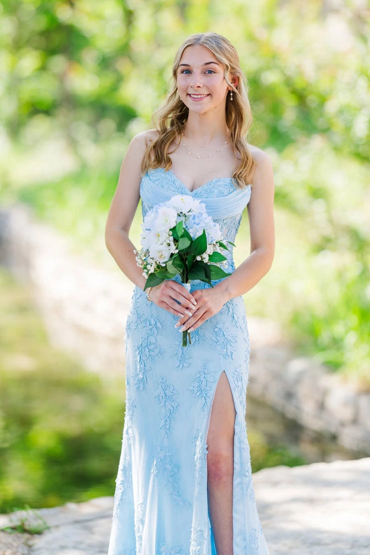 Mermaid Sweetheart Light Blue Lace Long Prom Dresses with Slit