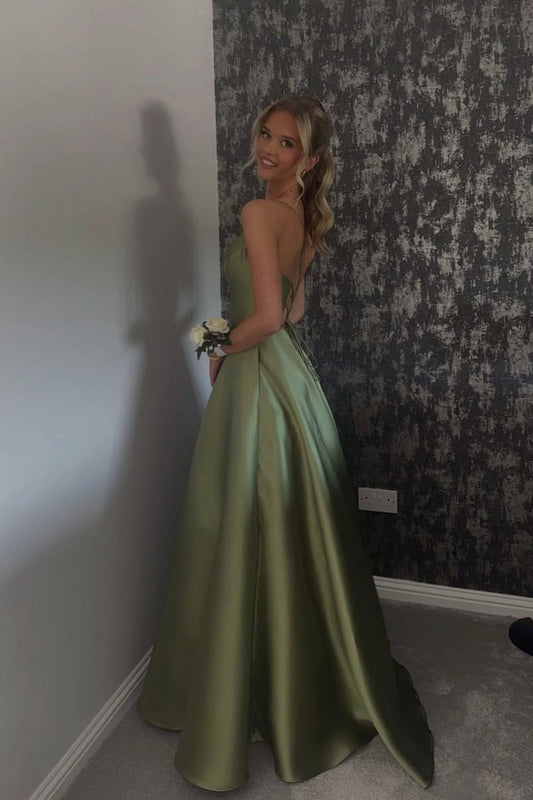 A Line Staps Green Satin V Neck Prom Dresses with Pockets