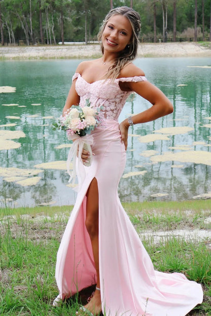 Stunning Light Pink Mermaid Off the Shoulder Satin Prom Dresses