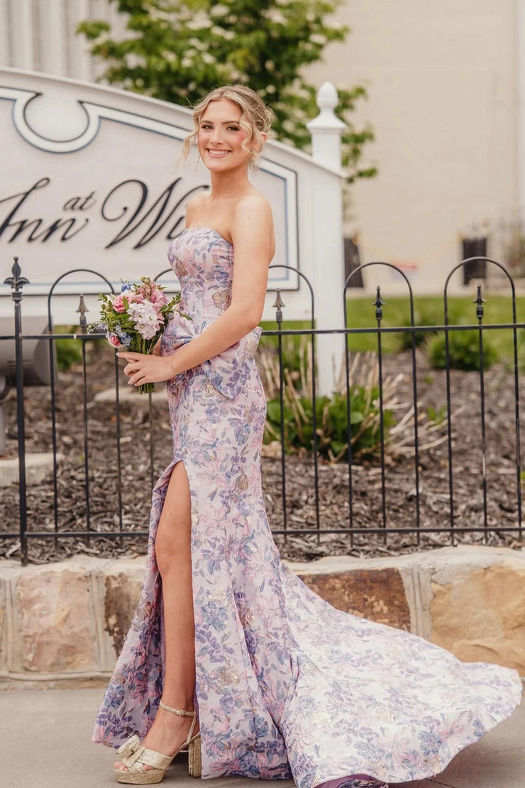 Mermaid Strapless Lavender Long Jacquard Satin Prom Dresses