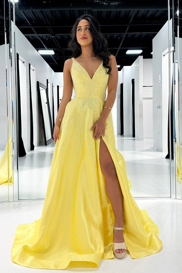 A Line V Neck Yellow Satin Prom Dresses