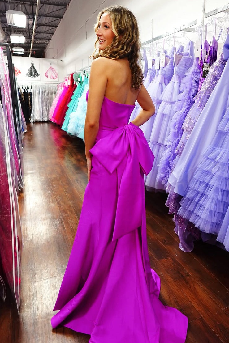 Mermaid Strapless Fuchsia Satin Long Prom Dresses