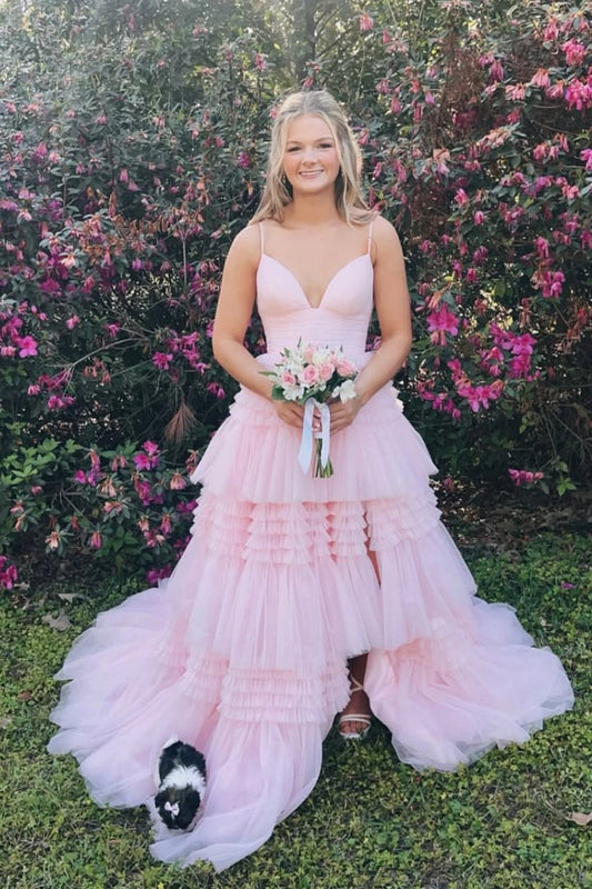 A Line Light Pink Tulle Long V Neck Prom Dresses