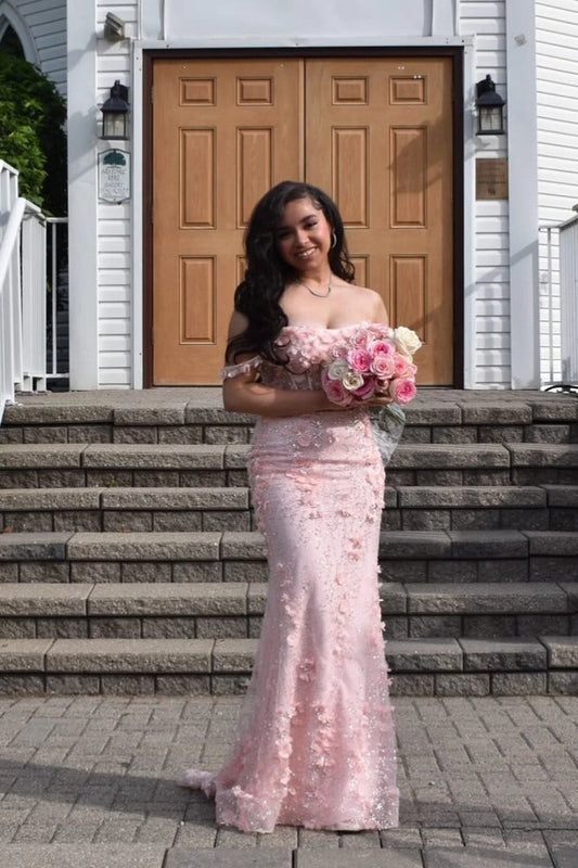 Off the Shoulder Blush Pink Lace Long Mermaid Prom Dresses