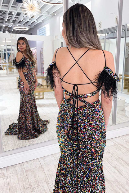 Mermaid Purple Iridescent Sequin Feather Cold-Shoulder Cutout Long Dresses,BD98022