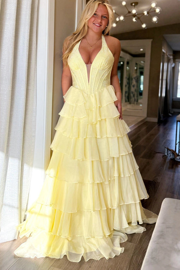A Line V Neck Chiffon Halter Daffodil Tiered Prom Dresses