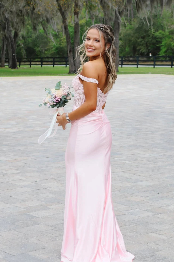 Stunning Light Pink Mermaid Off the Shoulder Satin Prom Dresses