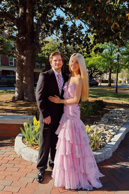 Sweet Mermaid Strapless Light Pink Floral Chiffon Prom Dresses