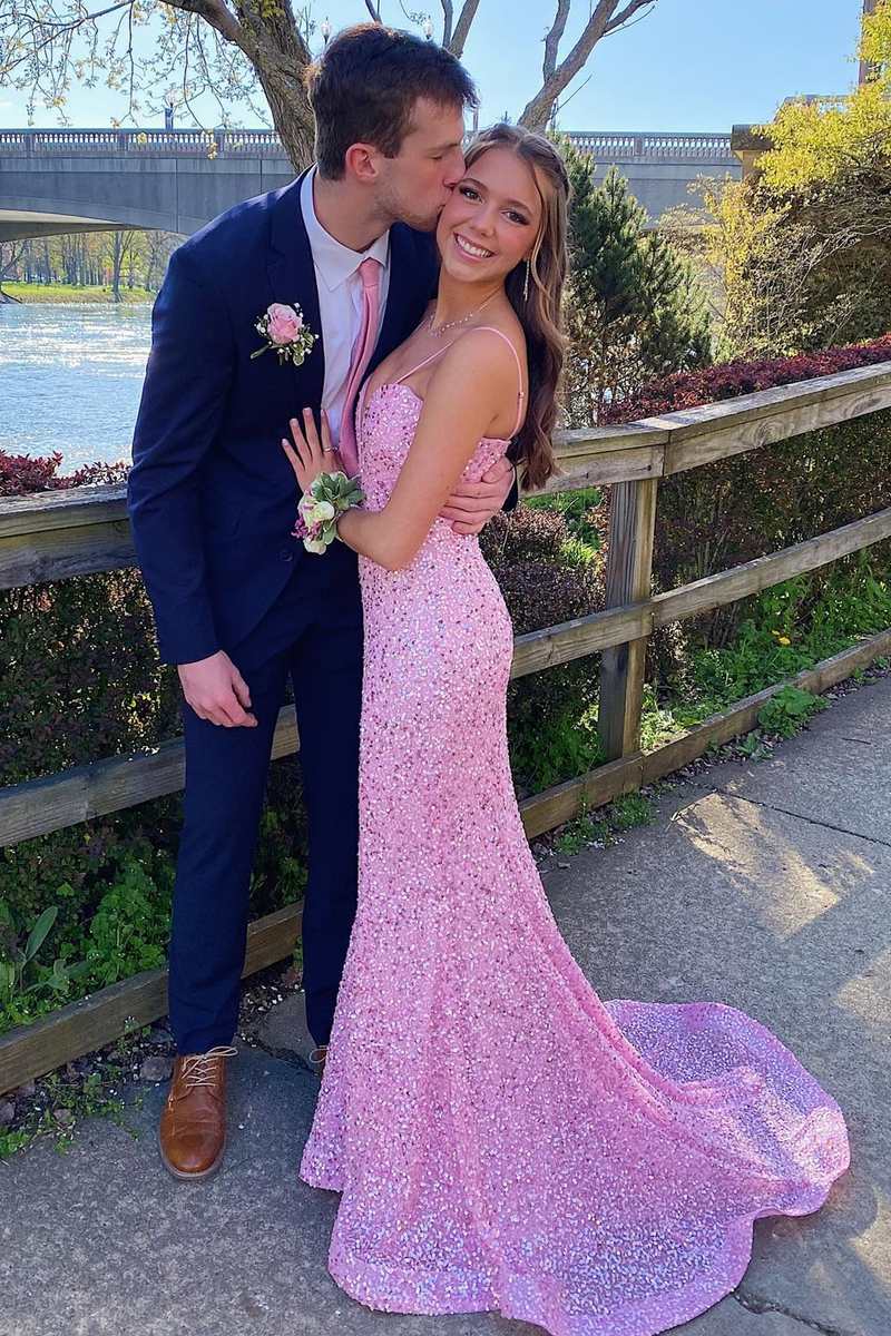 Long Pink Sequin Plunge V Mermaid Prom Dresses,BD98016