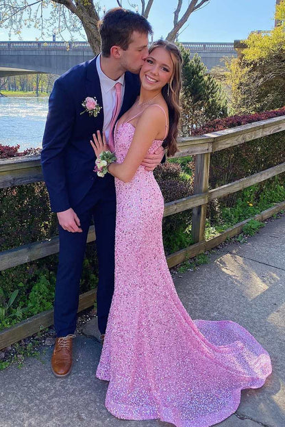 Long Pink Sequin Plunge V Mermaid Prom Dresses,BD98016