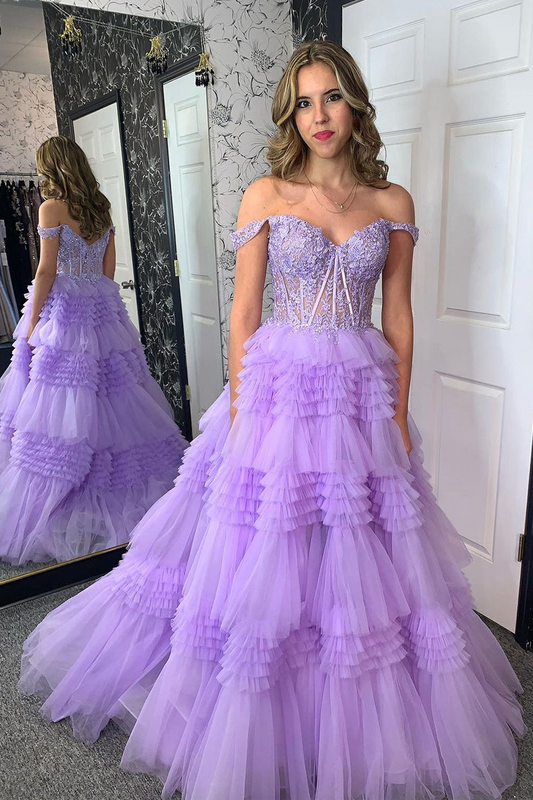 Lilac Off the Shoulder Tulle Tiered Long Prom Dress with Appliques,BD98024