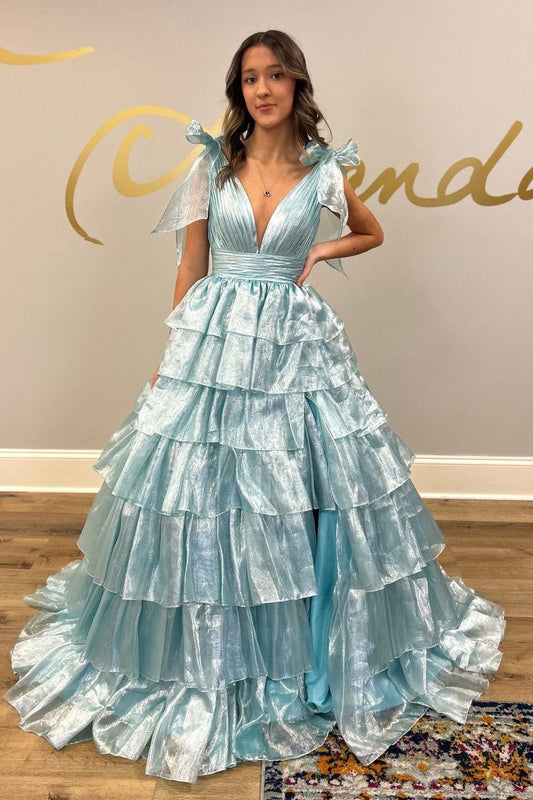 Long Cute Ball Gown Light Blue Ruffle Tiered Prom Dresses,PD2408000