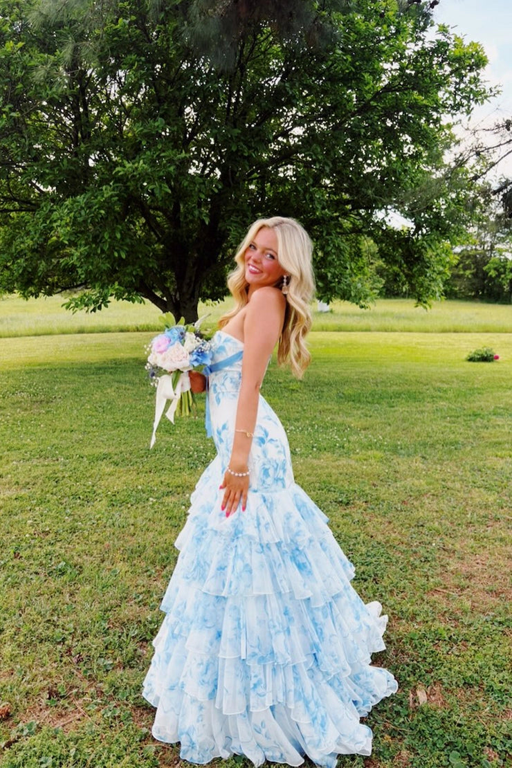 Chiffon Mermaid Strapless White Blue Floral Prom Dresses with Slit
