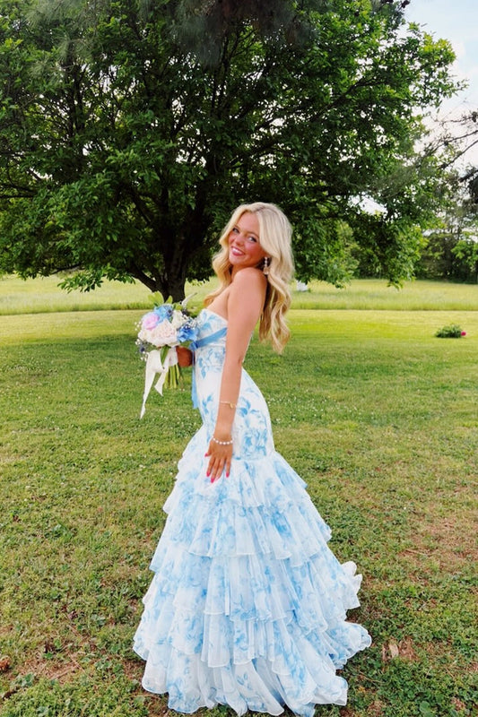 Chiffon Mermaid Strapless White Blue Floral Prom Dresses with Slit