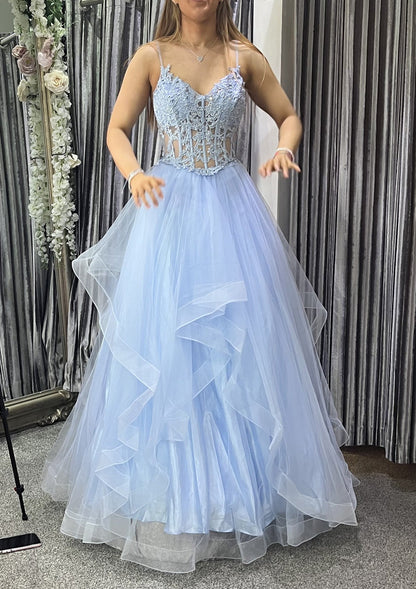 V Neck A-Line Tiered Formal Dresses Blue Lace  Prom Dress Appliqued,BD240704