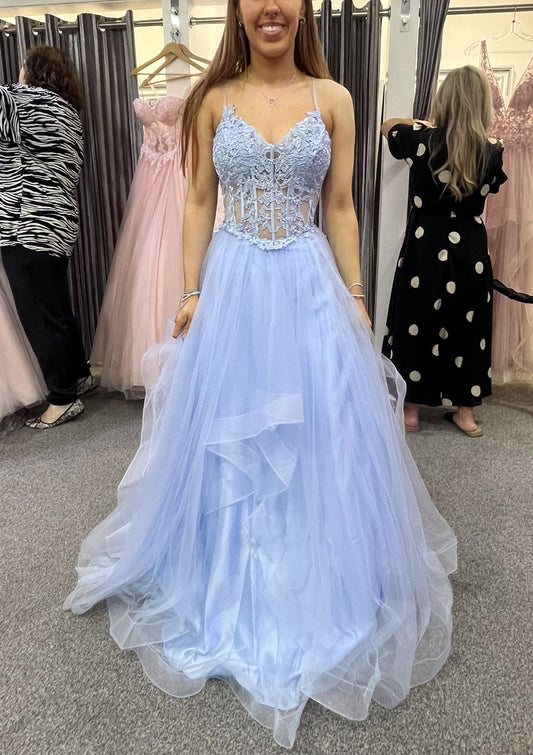 V Neck A-Line Tiered Formal Dresses Blue Lace  Prom Dress Appliqued,BD240704