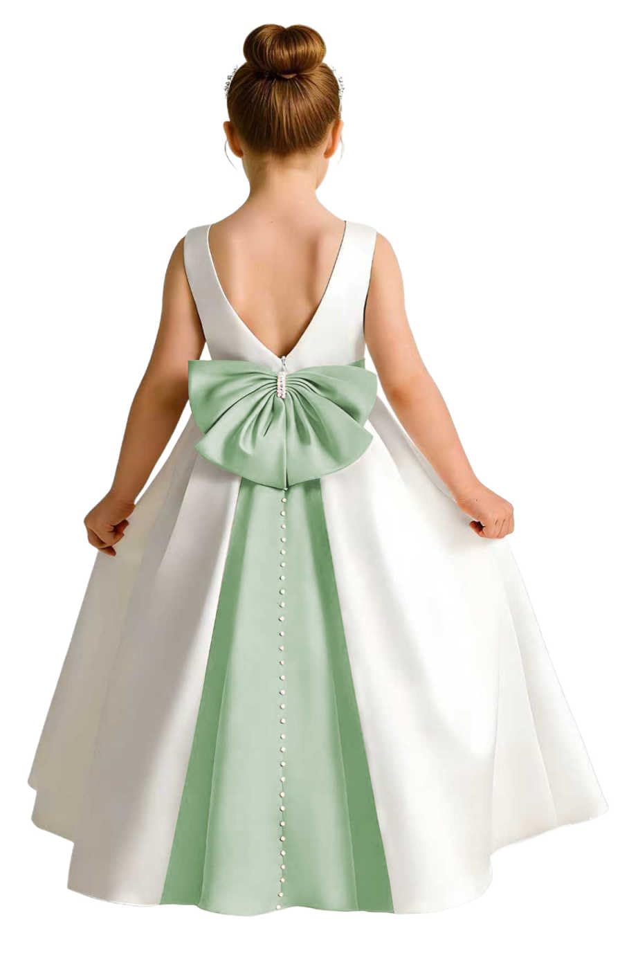 Girls Ivory Satin Flower Girl Dress Sleeveless A-Line Ball Gown with Green Sash for Wedding