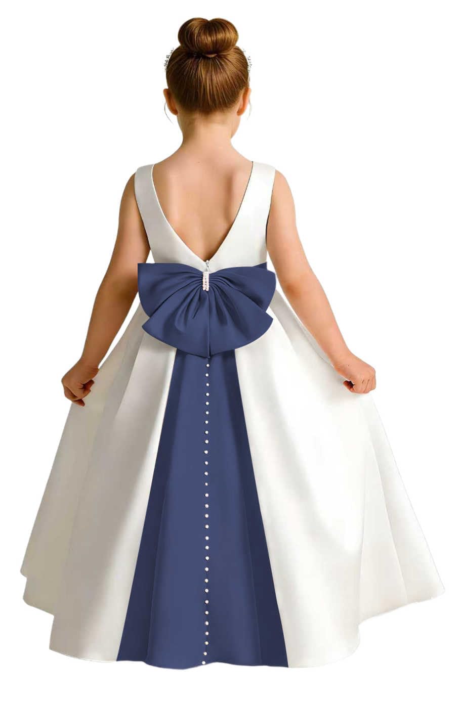 Girls Ivory Satin Flower Girl Dress Sleeveless A-Line Ball Gown with Green Sash for Wedding