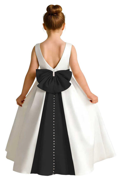 Girls Ivory Satin Flower Girl Dress Sleeveless A-Line Ball Gown with Green Sash for Wedding