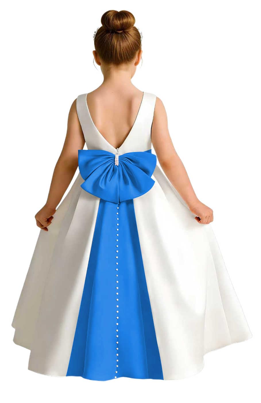 Girls Ivory Satin Flower Girl Dress Sleeveless A-Line Ball Gown with Green Sash for Wedding