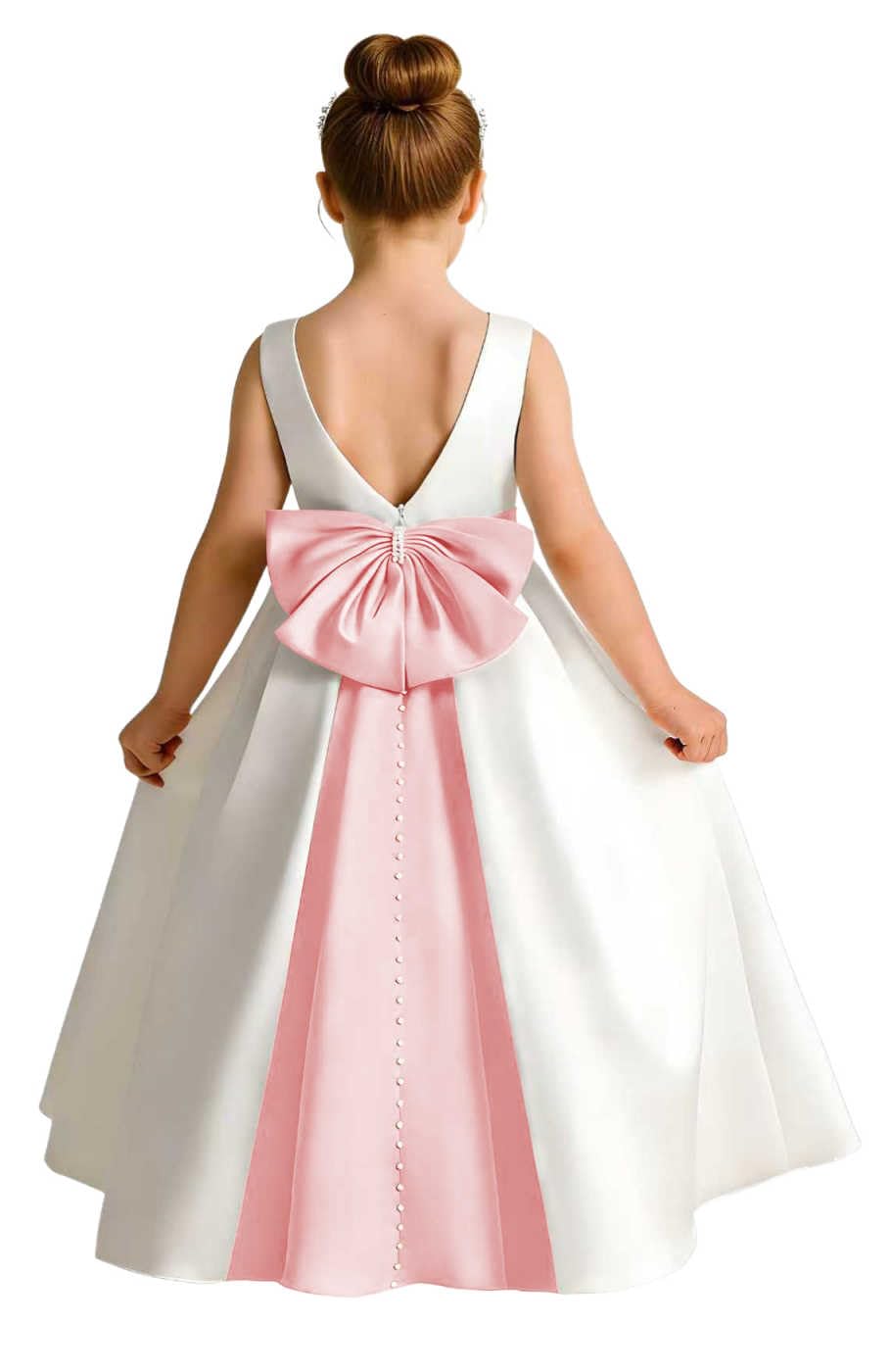 Girls Ivory Satin Flower Girl Dress Sleeveless A-Line Ball Gown with Green Sash for Wedding