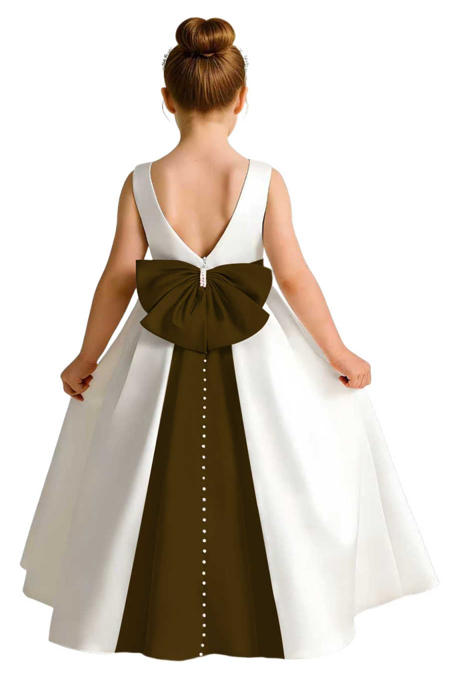 Girls Ivory Satin Flower Girl Dress Sleeveless A-Line Ball Gown with Green Sash for Wedding