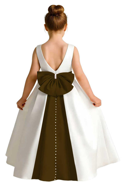 Girls Ivory Satin Flower Girl Dress Sleeveless A-Line Ball Gown with Green Sash for Wedding