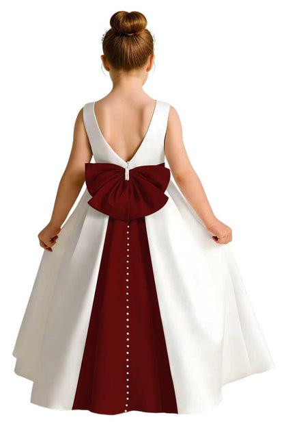 Girls Ivory Satin Flower Girl Dress Sleeveless A-Line Ball Gown with Green Sash for Wedding