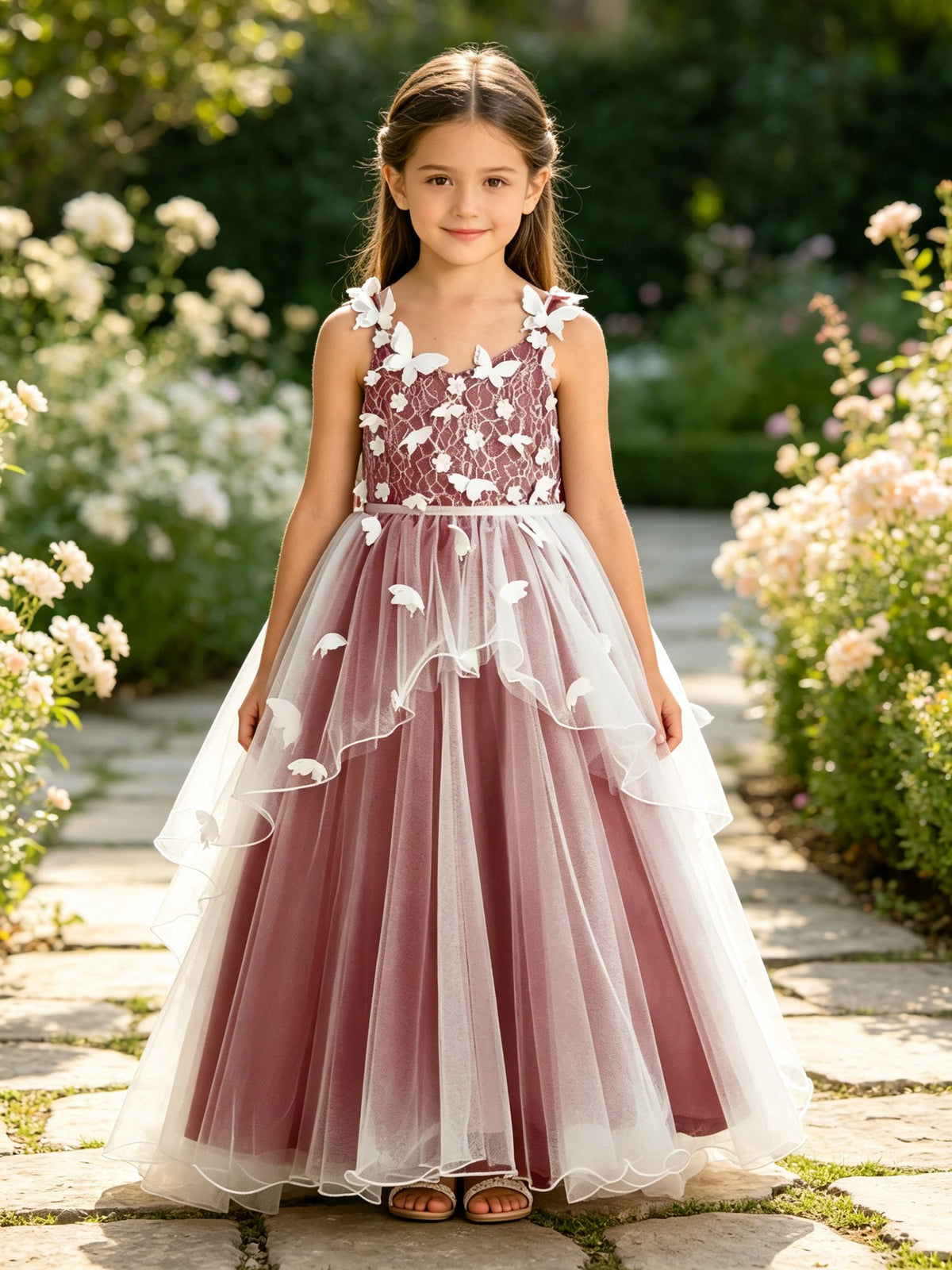 Girls Burgundy Tulle Flower Girl Dress Sleeveless A-Line with 3D Butterflies and Back Bow for Wedding