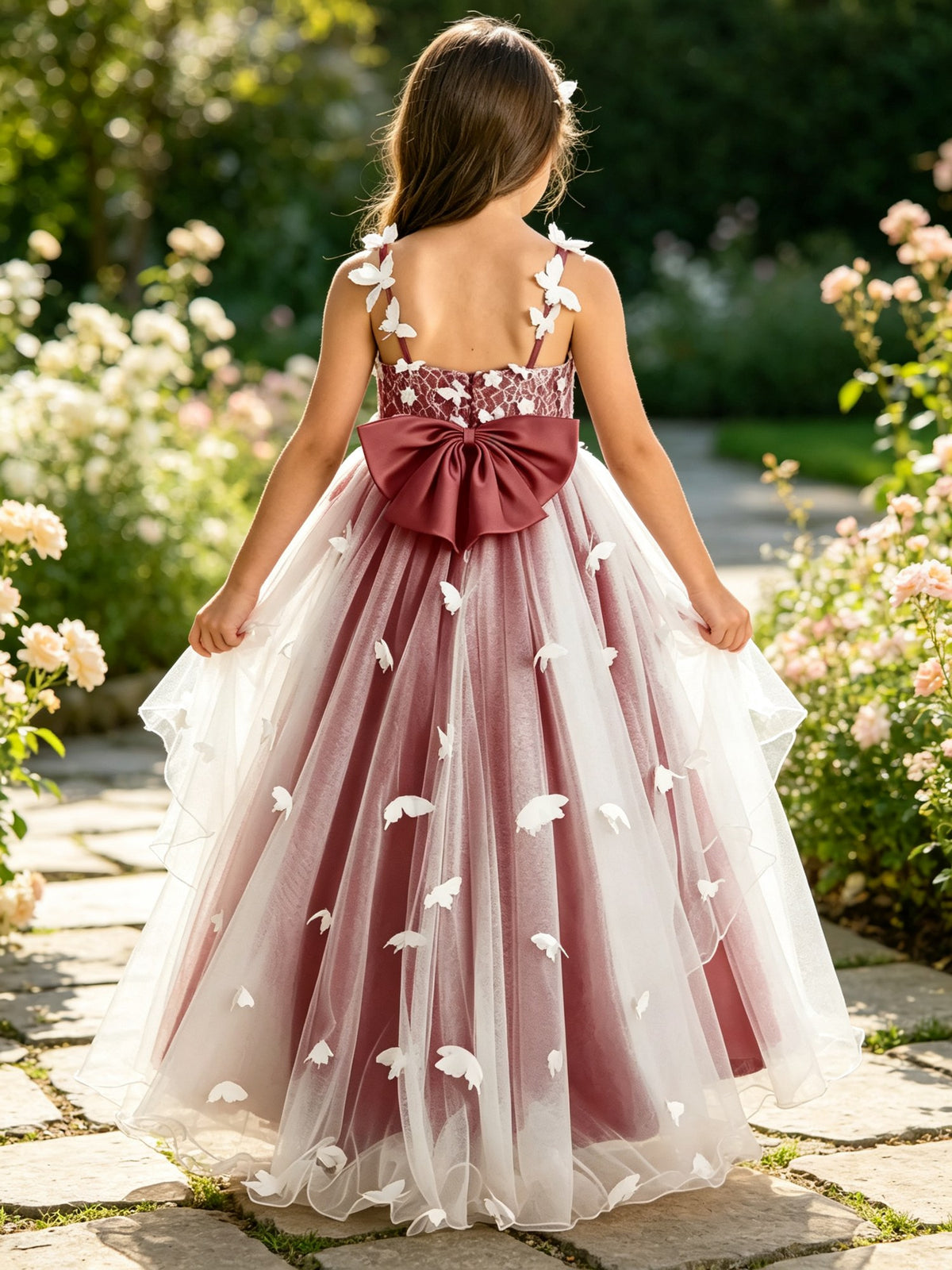 Girls Burgundy Tulle Flower Girl Dress Sleeveless A-Line with 3D Butterflies and Back Bow for Wedding