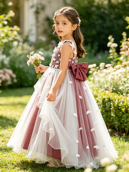 Girls Burgundy Tulle Flower Girl Dress Sleeveless A-Line with 3D Butterflies and Back Bow for Wedding