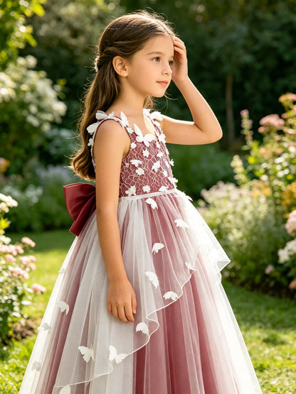 Girls Burgundy Tulle Flower Girl Dress Sleeveless A-Line with 3D Butterflies and Back Bow for Wedding