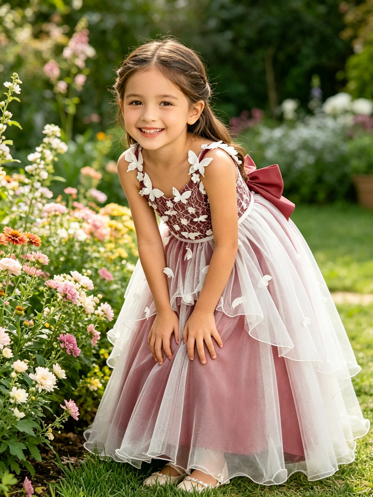 Girls Burgundy Tulle Flower Girl Dress Sleeveless A-Line with 3D Butterflies and Back Bow for Wedding